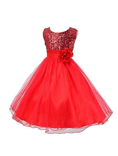 Wocau Little Girls' Sequin Mesh Tull Dress Sleeveless Flower Party Ball Gown