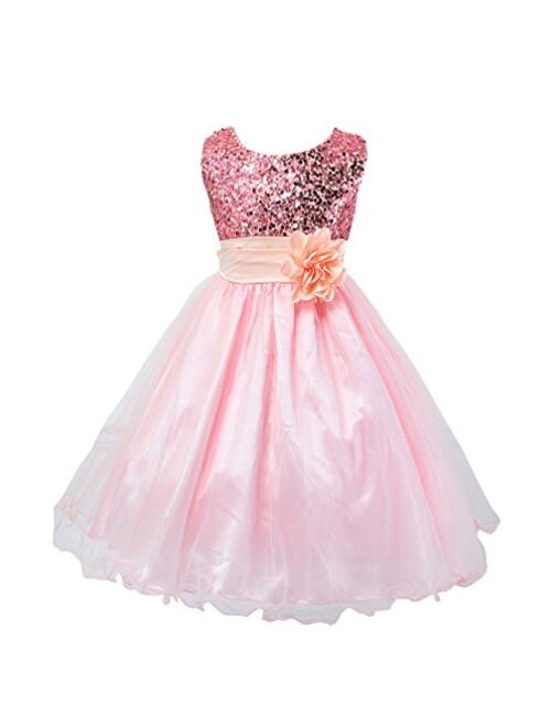 Wocau Little Girls' Sequin Mesh Tull Dress Sleeveless Flower Party Ball Gown