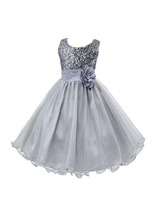 Wocau Little Girls' Sequin Mesh Tull Dress Sleeveless Flower Party Ball Gown