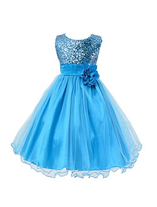 Wocau Little Girls' Sequin Mesh Tull Dress Sleeveless Flower Party Ball Gown