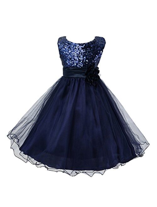 Wocau Little Girls' Sequin Mesh Tull Dress Sleeveless Flower Party Ball Gown