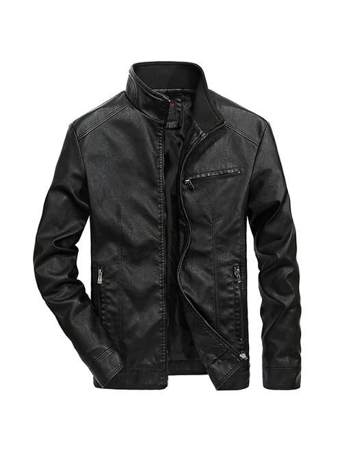 Nantersan Men's Leather Jacket Stand Collar PU Mens Faux Fur Coats Motorcycle Jacket