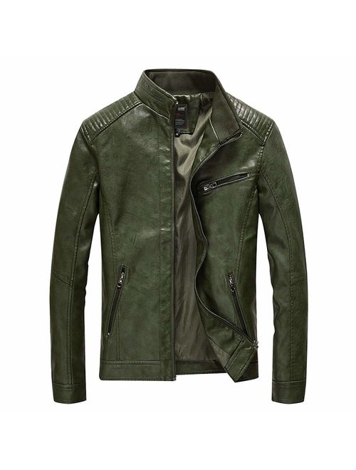 Nantersan Men's Leather Jacket Stand Collar PU Mens Faux Fur Coats Motorcycle Jacket