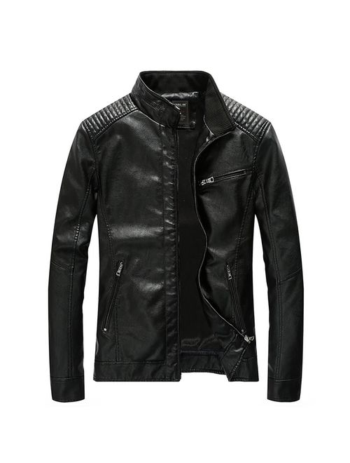 Nantersan Men's Leather Jacket Stand Collar PU Mens Faux Fur Coats Motorcycle Jacket