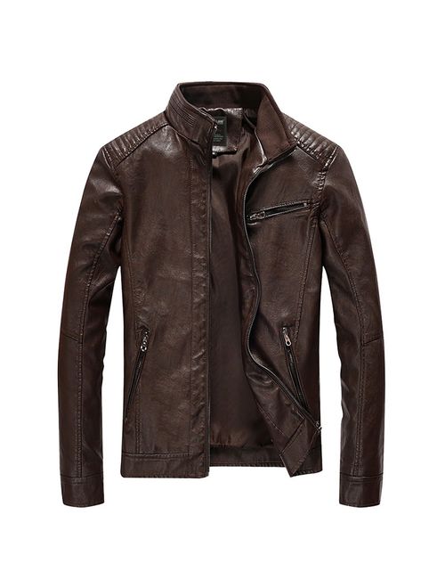 Nantersan Men's Leather Jacket Stand Collar PU Mens Faux Fur Coats Motorcycle Jacket