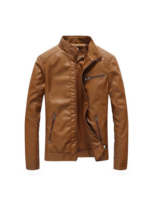 Nantersan Men's Leather Jacket Stand Collar PU Mens Faux Fur Coats Motorcycle Jacket