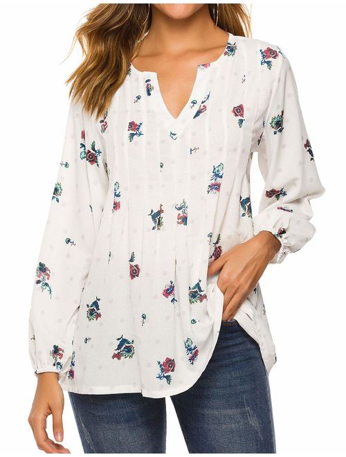 WLLW Women Bohemian Short Sleeve V Neck Floral Print T Shirt Tops Blouse Tee