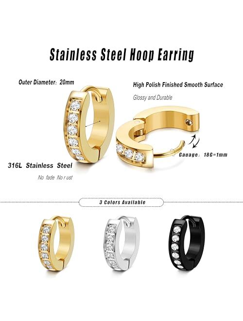 FIBO STEEL 13MM Stainless Steel Small Hoop Earrings for Men Women Huggie Earrings CZ Inlaid