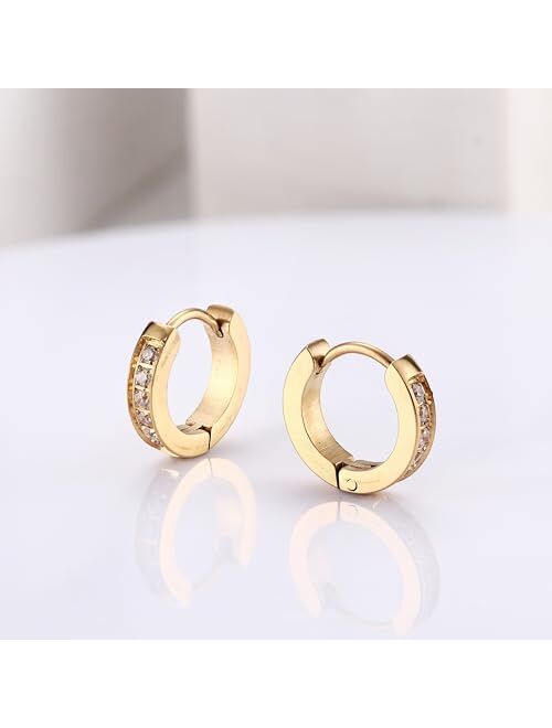 FIBO STEEL 13MM Stainless Steel Small Hoop Earrings for Men Women Huggie Earrings CZ Inlaid