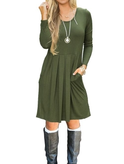 LILBETTER Women's Long Sleeve Pleated Loose Swing Casual Dress with Pockets Knee Length