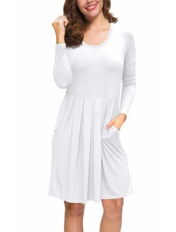 LILBETTER Women's Long Sleeve Pleated Loose Swing Casual Dress with Pockets Knee Length