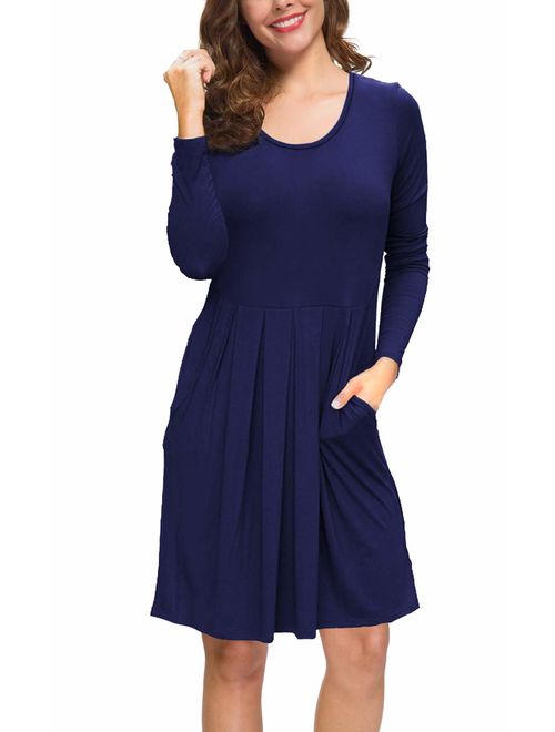 LILBETTER Women's Long Sleeve Pleated Loose Swing Casual Dress with Pockets Knee Length