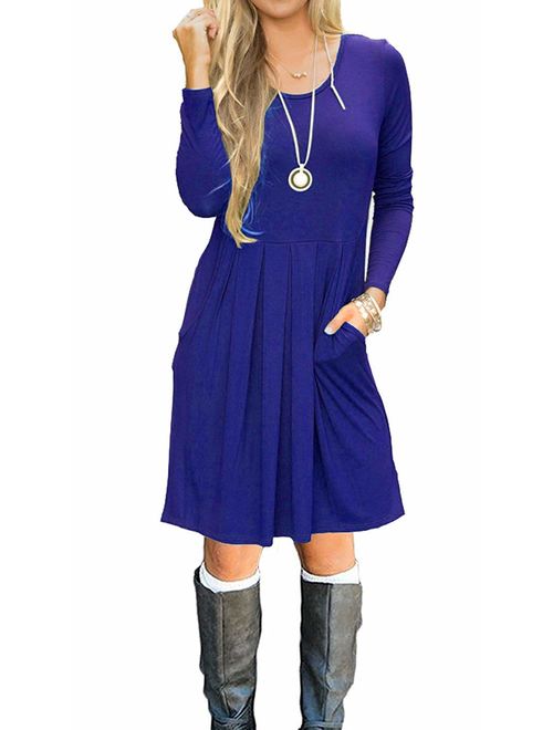 LILBETTER Women's Long Sleeve Pleated Loose Swing Casual Dress with Pockets Knee Length