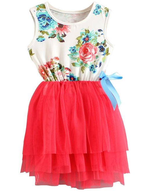 Niyage Little Girls Sleeveless Floral Princess Dress Tulle Tutu Sundress