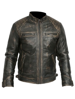 Spazeup Cafe Racer Jacket Vintage Motorcycle Retro Moto Distressed Leather Jacket