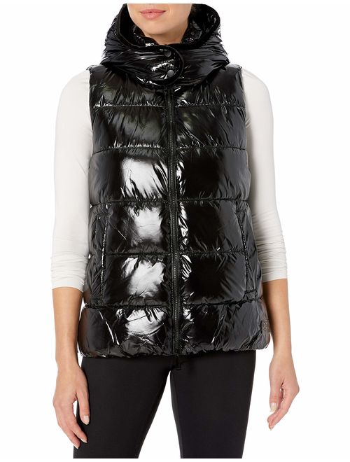 Calvin Klein Women's Quilt Vest with Velvet Trim and Detachable Hood