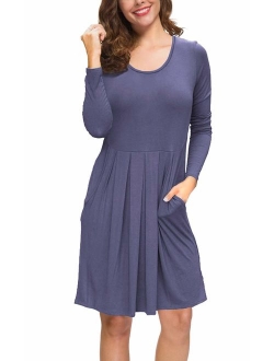 LILBETTER Women's Long Sleeve Pleated Loose Swing Casual Dress with Pockets Knee Length