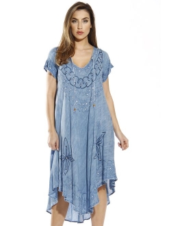 Riviera Sun Lace Up Acid Wash Embroidered Dress Short Sleeve Dresses for Women