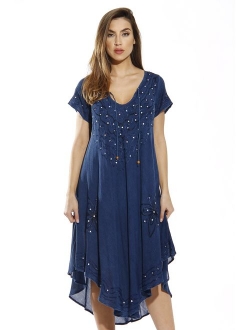 Riviera Sun Lace Up Acid Wash Embroidered Dress Short Sleeve Dresses for Women