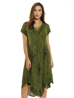 Riviera Sun Lace Up Acid Wash Embroidered Dress Short Sleeve Dresses for Women