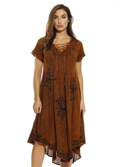 Riviera Sun Lace Up Acid Wash Embroidered Dress Short Sleeve Dresses for Women