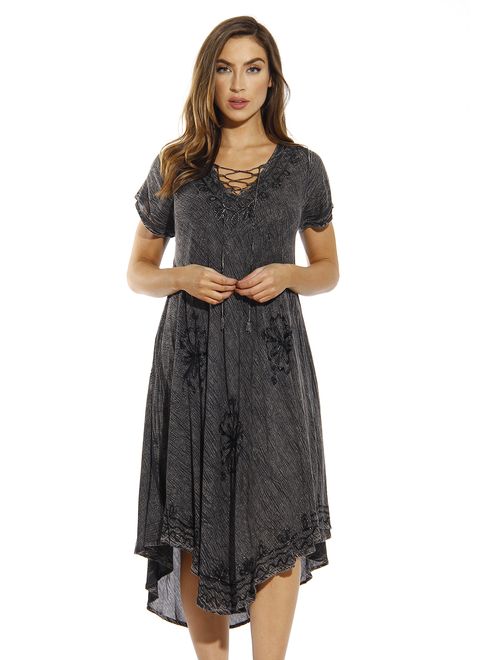 Riviera Sun Lace Up Acid Wash Embroidered Dress Short Sleeve Dresses for Women