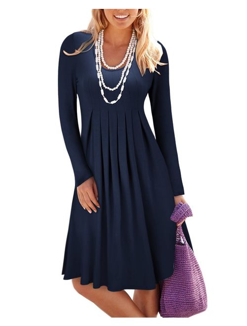 STYLEWORD Women's Long Sleeve Pleated Loose Swing Casual Dress