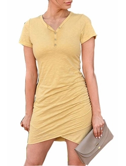 Walant Womens Short Sleeve Sheath Dress Solid Color Irregular Summer Bodycon Mini Dress