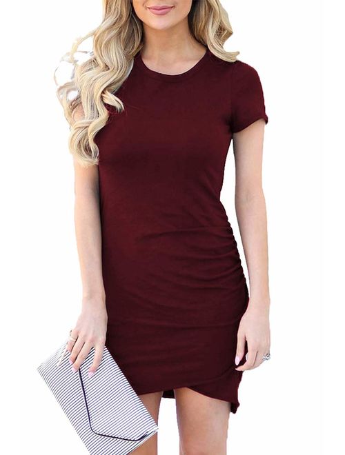 Walant Womens Short Sleeve Sheath Dress Solid Color Irregular Summer Bodycon Mini Dress