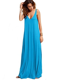 Women's Casual Sleeveless Deep V Neck Summer Beach Maxi Long Dress