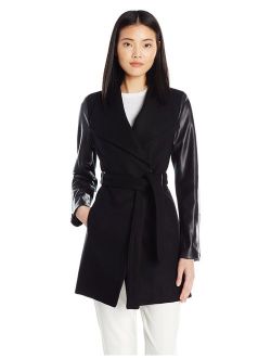 Women's New Pu Trim Sleeve Flyaway Oversized Collar