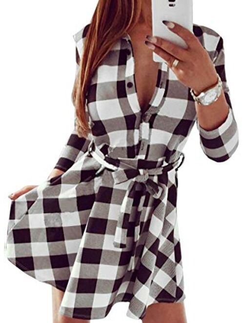 FANCYINN Women Long Sleeve Plaid Pattern Tunic Tops Shirt Casual Dress