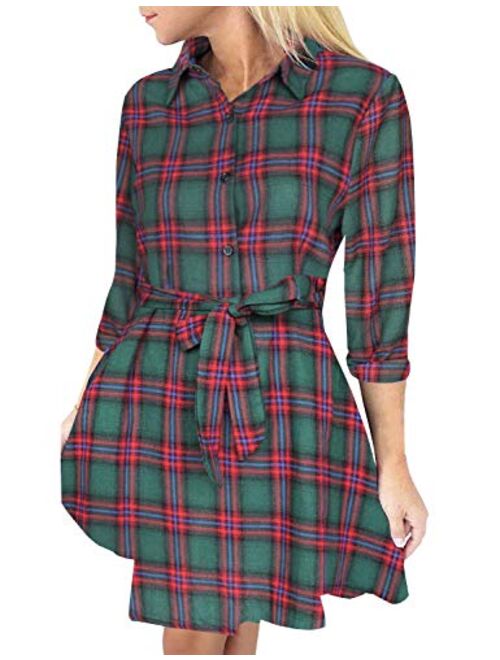 FANCYINN Women Long Sleeve Plaid Pattern Tunic Tops Shirt Casual Dress