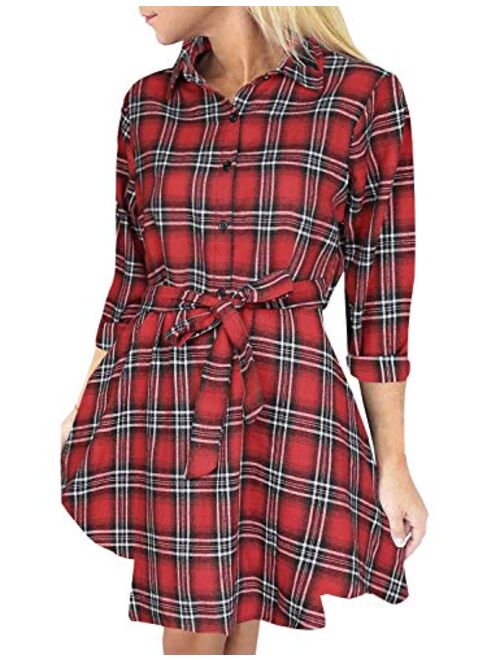 FANCYINN Women Long Sleeve Plaid Pattern Tunic Tops Shirt Casual Dress