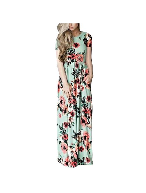 YUMDO Women's 3/4 Sleeve Floral Dress Casual Stretch Maxi Long Dresses