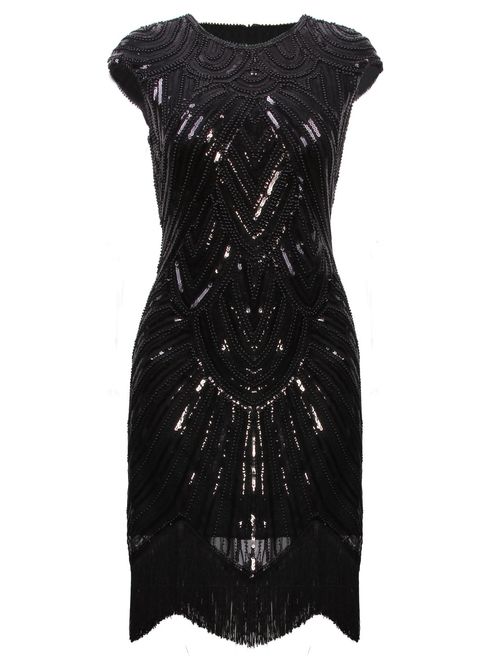 VIJIV Art Deco Great Gatsby Inspired Tassel Beaded 1920s Flapper Dress