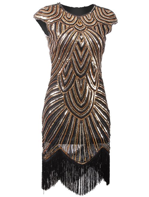 VIJIV Art Deco Great Gatsby Inspired Tassel Beaded 1920s Flapper Dress