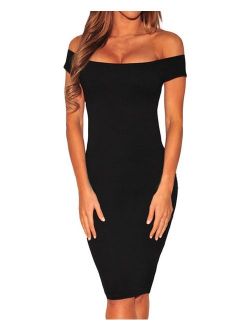 Shawhuwa Womens Sexy Criss Cross Off Shoulder Bodycon Party Club Midi Dress