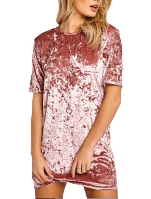 R.Vivimos Women's Summer Short Sleeve Crushed Velvet Mini Short Dresses