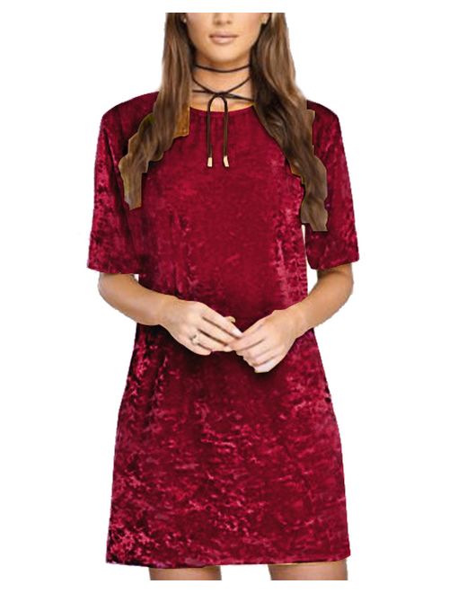 R.Vivimos Women's Summer Short Sleeve Crushed Velvet Mini Short Dresses