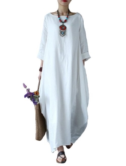 Celmia Autumn Solid Loose Long Maxi Dress Cotton Caftan