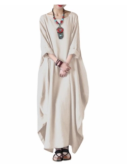 Celmia Autumn Solid Loose Long Maxi Dress Cotton Caftan