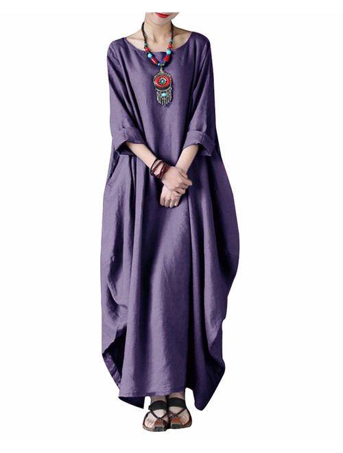 Celmia Autumn Solid Loose Long Maxi Dress Cotton Caftan