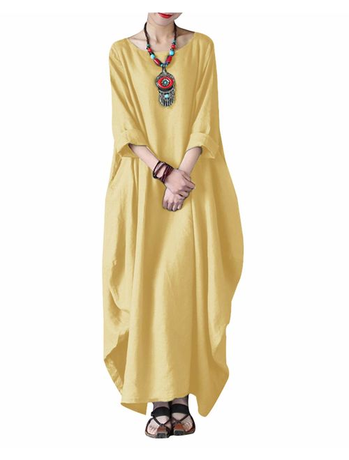 Celmia Autumn Solid Loose Long Maxi Dress Cotton Caftan