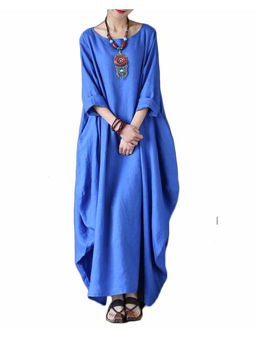 Celmia Autumn Solid Loose Long Maxi Dress Cotton Caftan