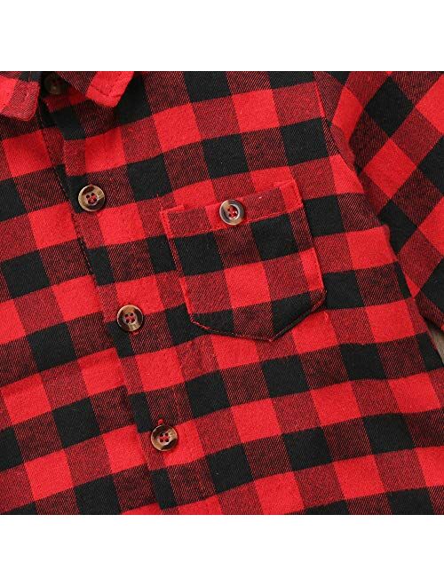 Kids Little Boys Girls Baby Letters Print Long Sleeve Button Down Red Plaid Flannel Shirt