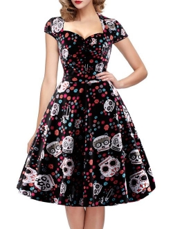 oten Women's Christmas Polka Dot Sugar Skull Vintage Swing Retro Rockabilly Cocktail Party Dress Cap Sleeve