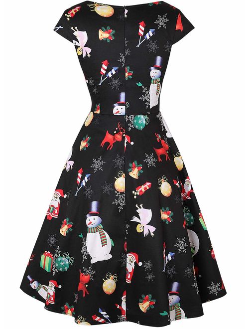 oten Women's Christmas Polka Dot Sugar Skull Vintage Swing Retro Rockabilly Cocktail Party Dress Cap Sleeve