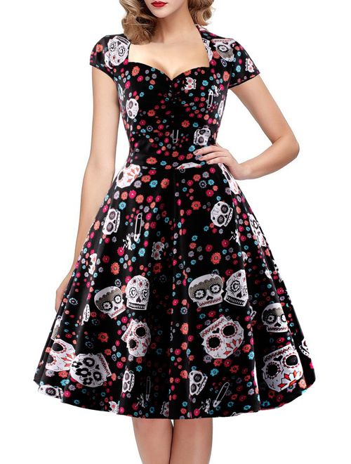 oten Women's Christmas Polka Dot Sugar Skull Vintage Swing Retro Rockabilly Cocktail Party Dress Cap Sleeve