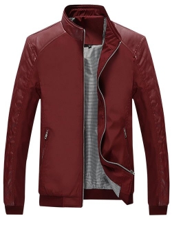 Springrain Men's Casual Stand Collar Slim PU Leather Sleeve Bomber Jacket